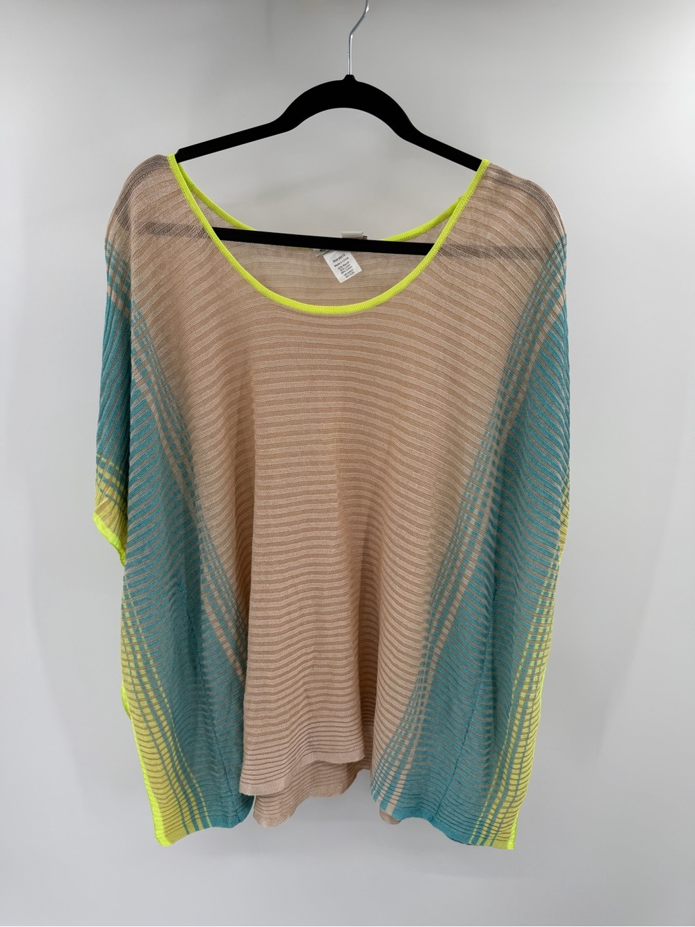 Coldwater Creek Beige Blue Yellow Lightweight Knit Poncho Top Cotton Linen M/L